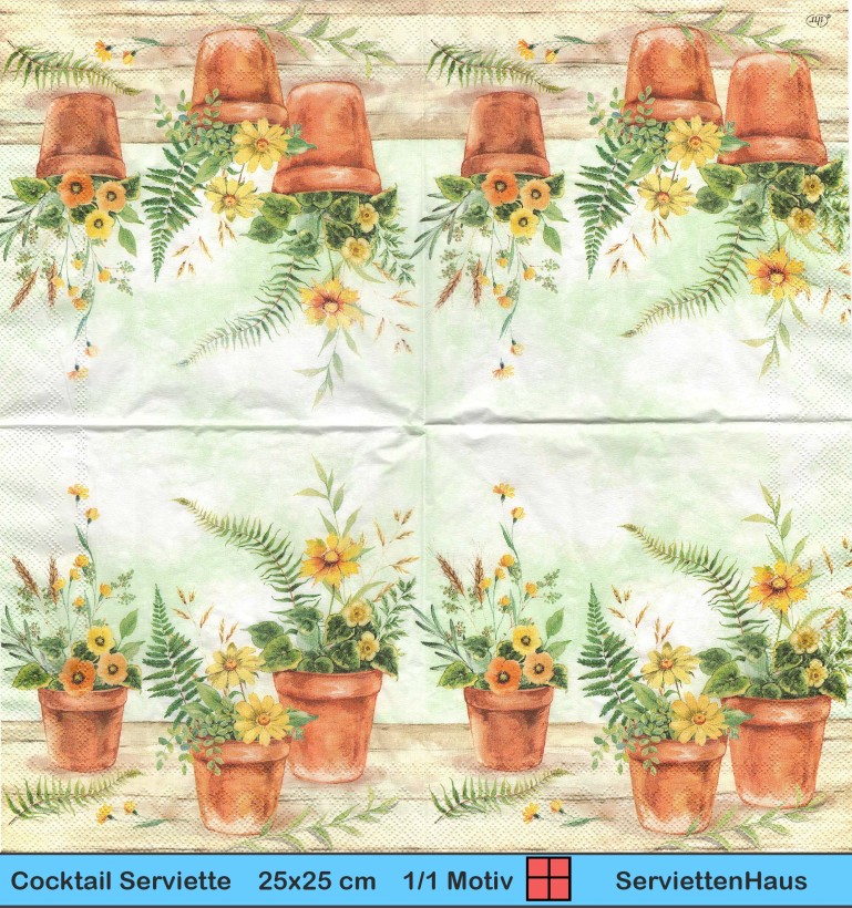 Kleine Blumentöpfe mit Frühlingsblumen - 1 Cocktail Serviette